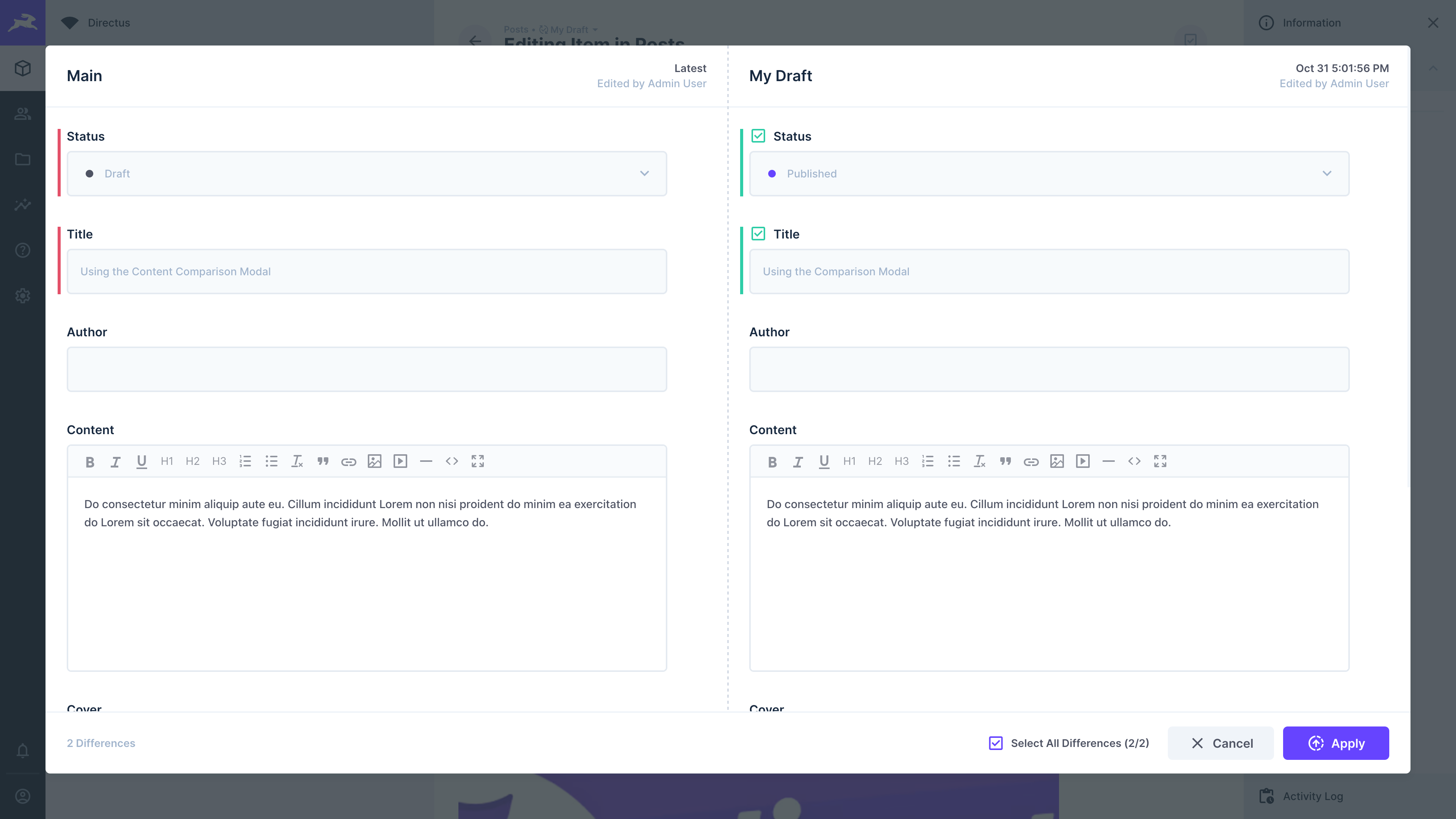 Promoting a version, comparing its changes